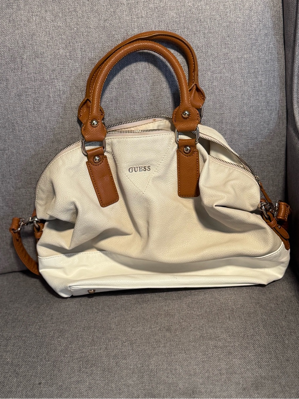 GUESS Cream Satchel with Tan Trim and Handles